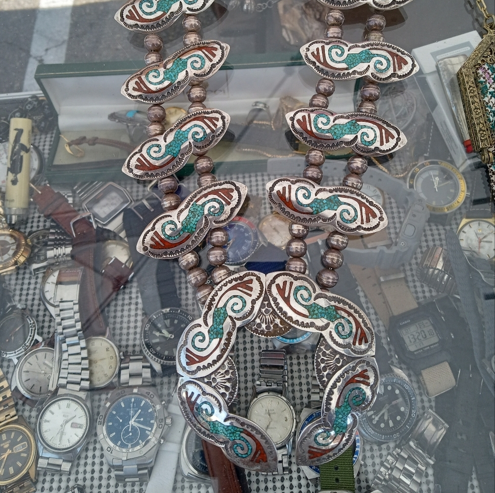 Vintage Large Navajo Squash Blossom sterling with inlay coral and turquoise.